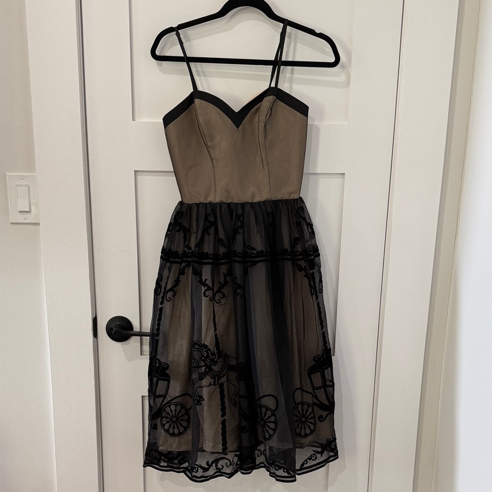 Unique Vintage Taupe and Black Tulle Overlay Fit-and-Flare Dress